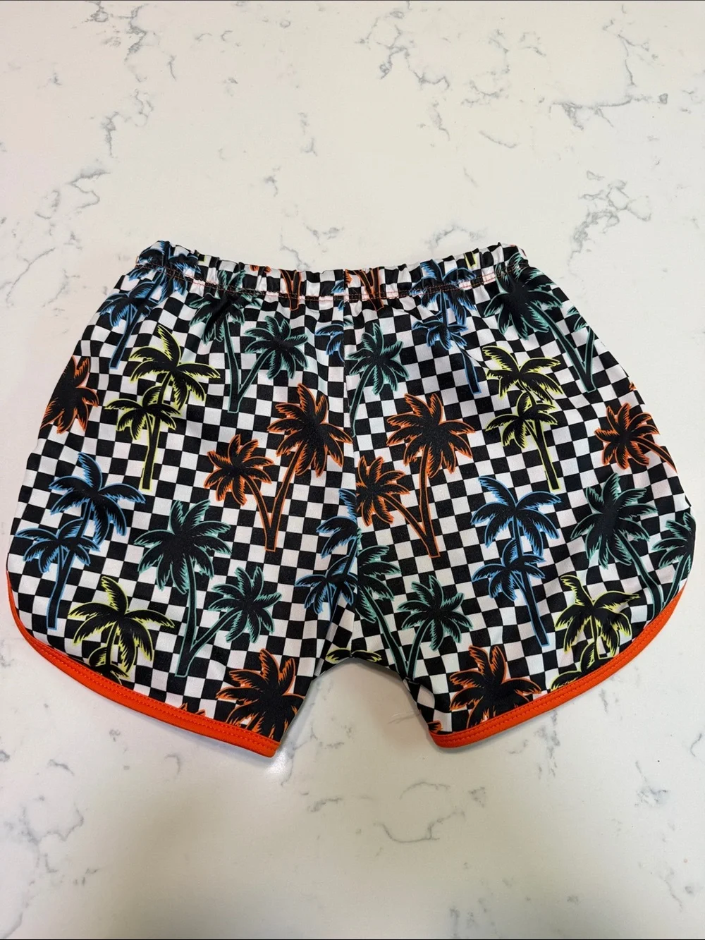 Checkerboard Palm Print swim Shorts with Orange Trim George Hats size 5-6